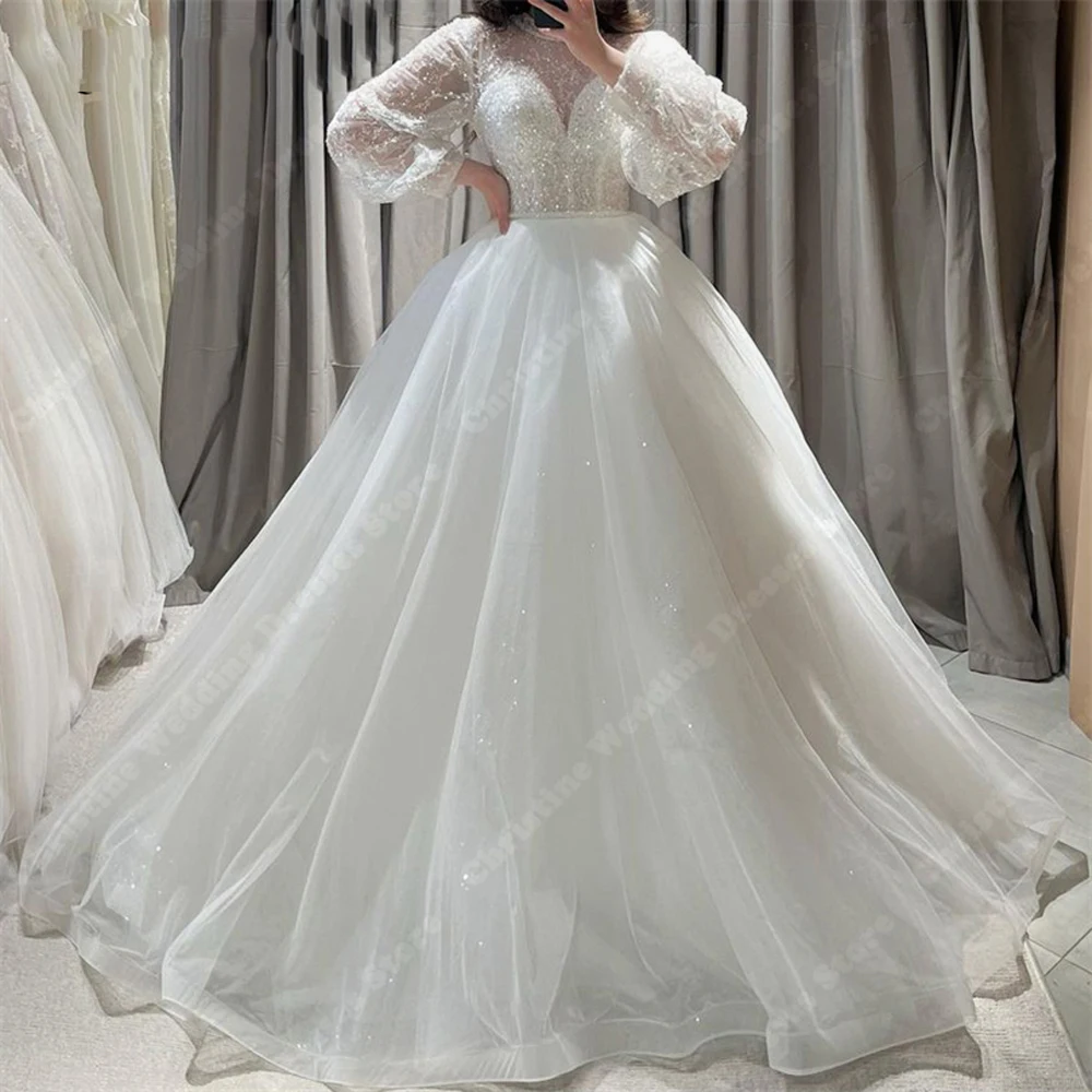 Vintage A-Line Women Wedding Dresses Shiny Sequins Backless Bridal Gowns Elegant Fluffy Skirt Hem Vestidos de Novias Customized 4