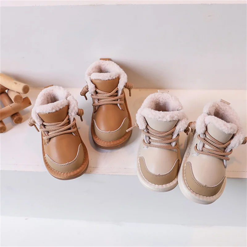2023 Nuovo Inverno Bambino Per Ragazzi Pelle Caldo Peluche Bambine Scarpe Impermeabili Antiscivolo Moda Bambini Stivali da Neve_voghion.com