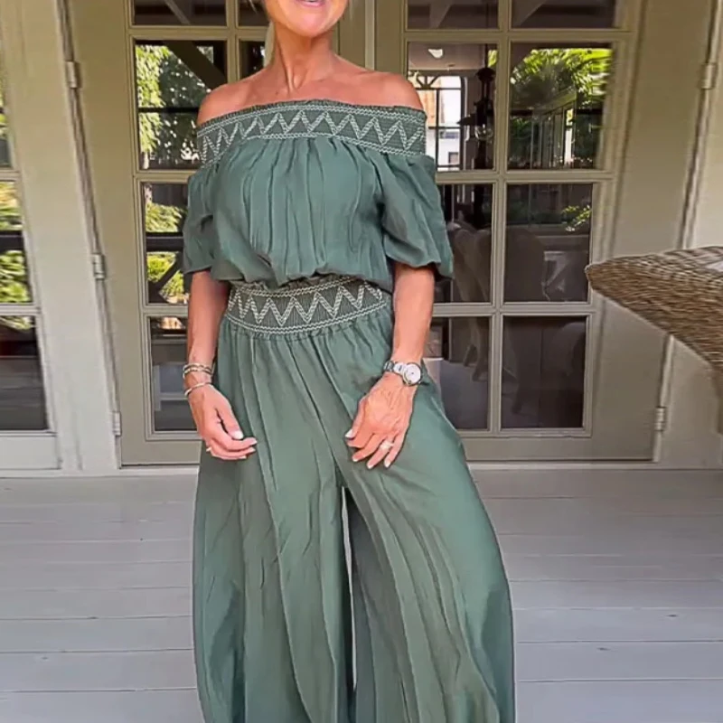 

Elegant Short Sleeve Office Loose Jumpsuits Summer Solid Color Folds Wide Leg Pants Fashion Simple Backless High Street Rompers