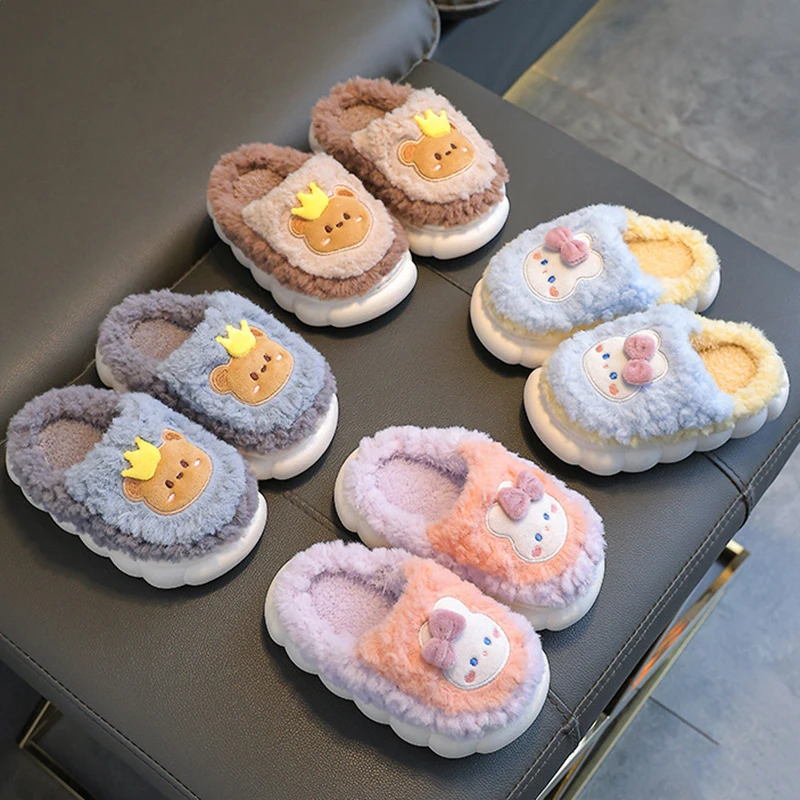 Winter Children's Cotton Slippers Boys and Girls Warm Non Slip Plush Slides Lovely Thick Bottom Mother-Child Home Slippers 2025