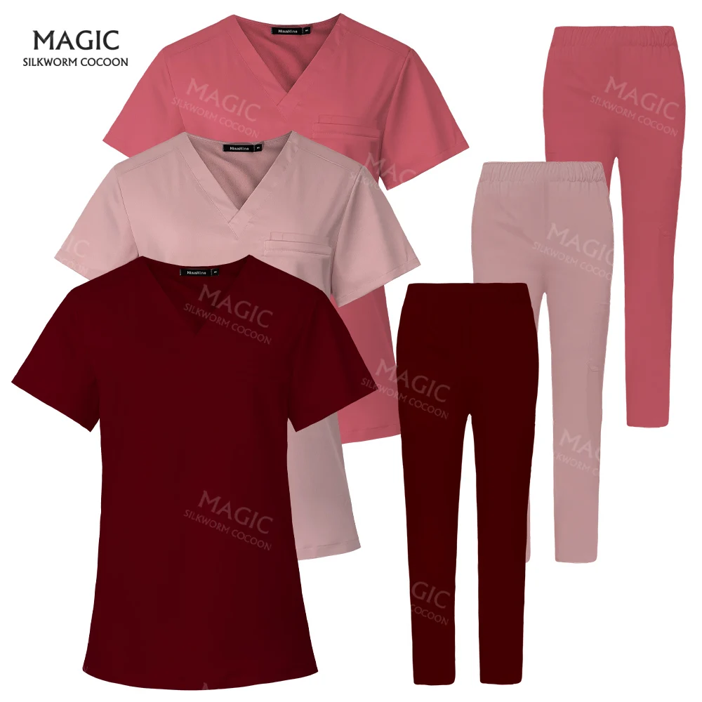 Beauty and Health Workwear Short Sleeved Tops+Pockets Pants Scrubs Set Doctor Work Clothes Spa Uniform High Quality Scrubs Suits