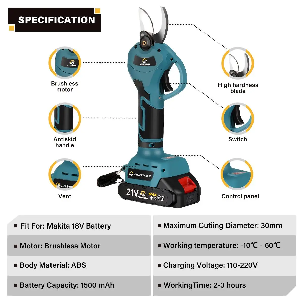 30mm Brushless Electric Pruning Shears Electric Scissors Tree Branches Electric Pruning Gardening Tools For Makita 18V Battery 3