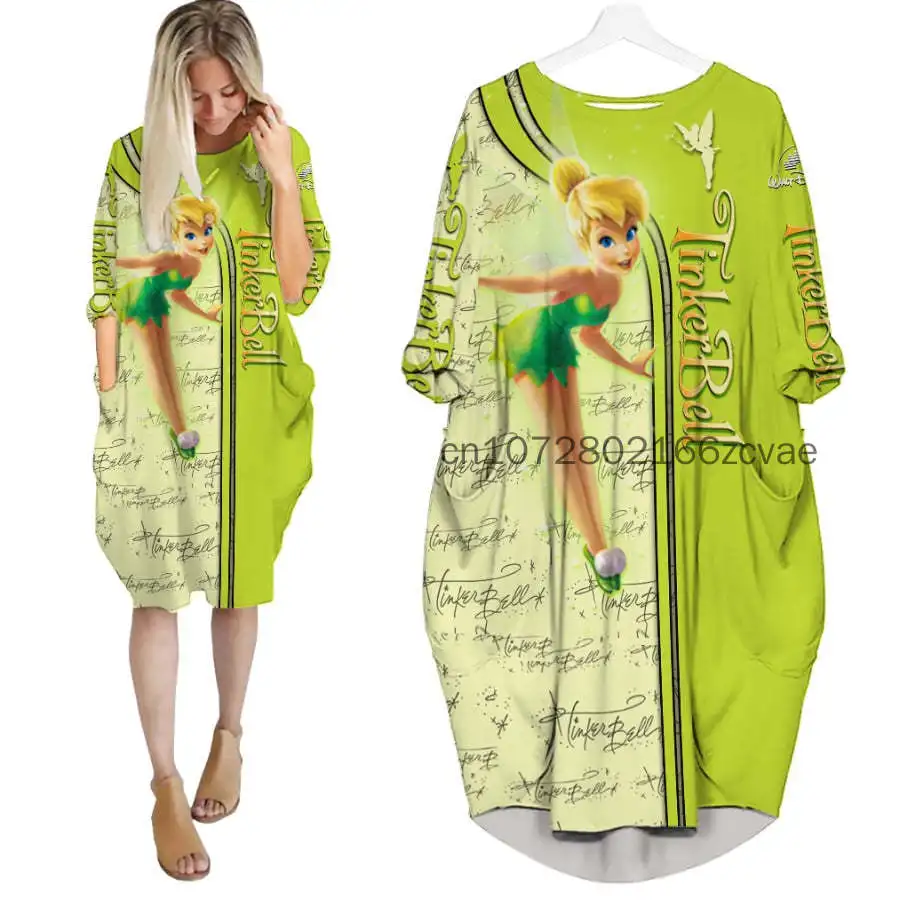 

2024 New Tinker Bell Women's Batwing Pocket Dress Disney 3D Printed Oversize Fashion Street Girls Pullover Long sleeved Dress