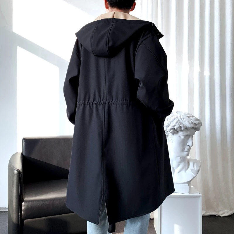 Trench Men Fashion Turn Down Collar Hooded Trenchcoat Autumn Single-breasted Loose Windbreaker Casual Overcoat Fake Two Piece trench coat warmth coat waterproof windbreaker jacket casual men jacket