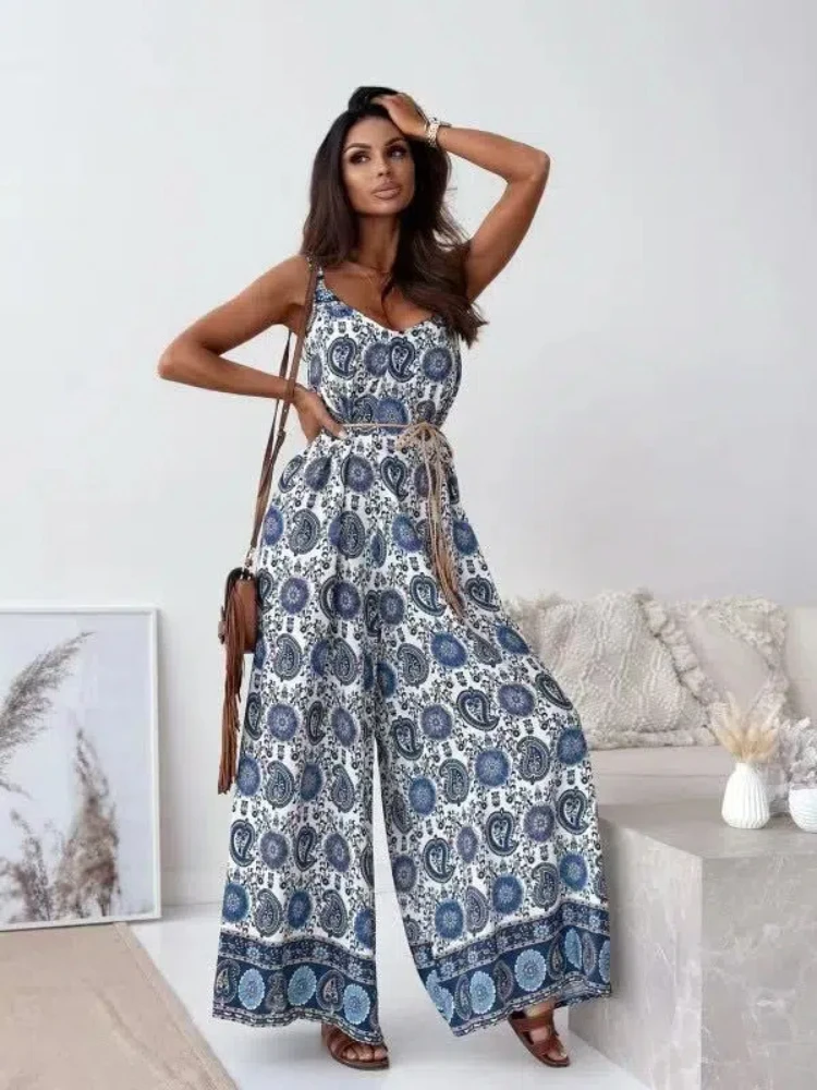 New Casual Autumn V-neck Camisole Printed Women's Jumpsuit Pants Fashionable Women's Clothing 363