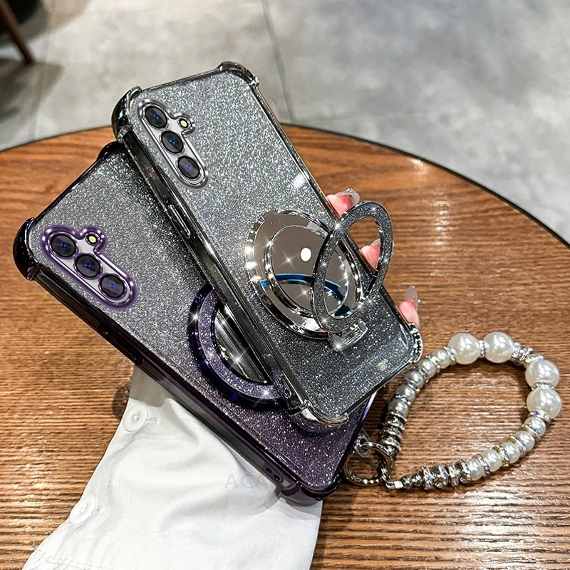Glitter Mirror Holder Bracelet Chain Soft Shockproof Back Cover Case