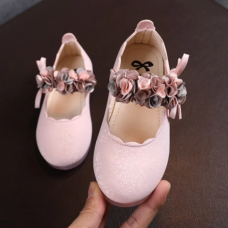 Children's Flower Leather Shoes Korean Style Girls Crystal Cute Sweet Fashion Princess Shoes for Party Wedding Bow Dance Shoes