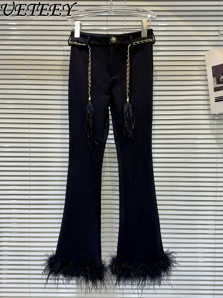 

2023 Autumn Winter New Niche Socialite Metal Chain Feather High Waist Trousers Hot Girl Black Slim Flare Pants for Women