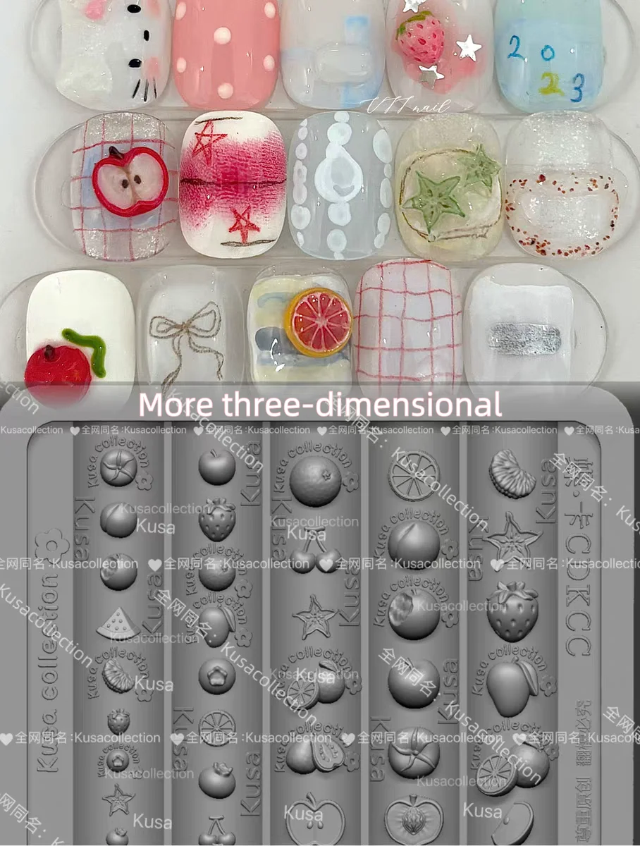 1개 과일 버튼 키 잠금 고양이 리본 3D 아크릴 몰드 네일 아트 장식 네일 DIY 디자인 실리콘 네일 템플릿 네일 몰드