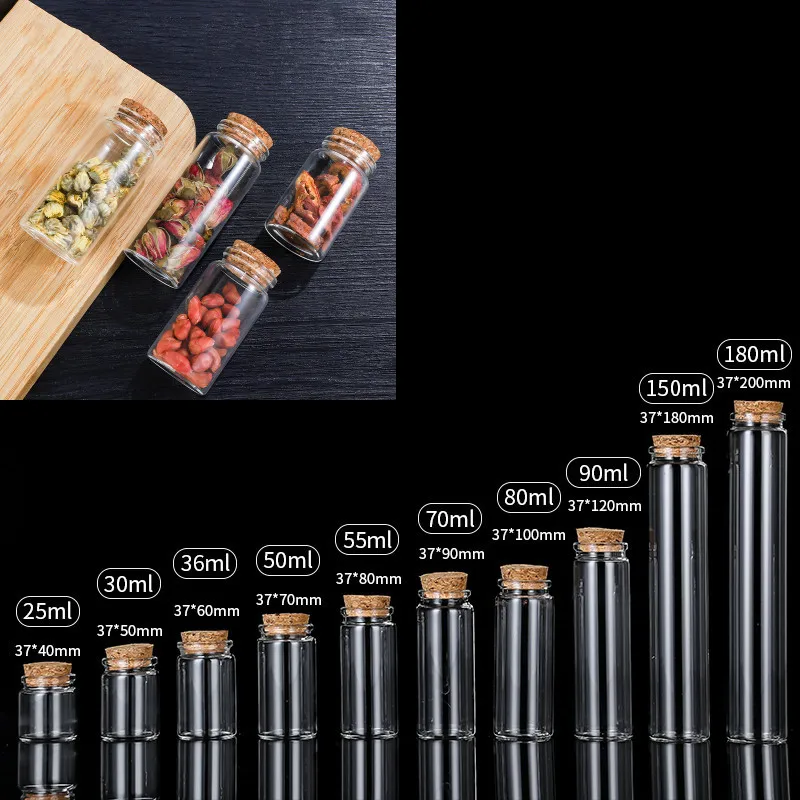 1X 25/30/35/50/55/70/80/90/125/150/180ml Glass Bottle With Cork Candy Spice Glass Jars Art Craft Wedding Favors 11 Sizes U-pick 5