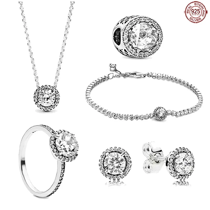 

New Full Zircon Jewelry Set 925 Sterling Silver Shining Zircon Necklace Bracelet Ring Earrings as a Jewelry Gift for Girlfriend