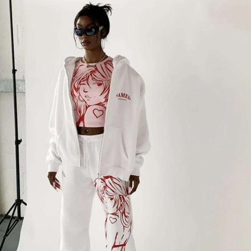Gothic Cartoon Anime Girls Printed Hoodie Ladies High Street Harajuku Retro Hip Hop Sweatshirt Ladies Casual Y2k Zip Hoodie