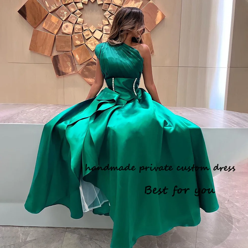 

Green Satin Evening Dresses One Shoulder with Beads Pleats Long Prom Party Dress Dubai Arabia Formal Evening Gowns