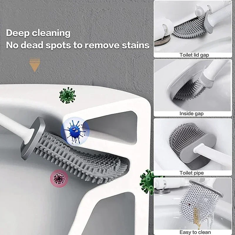 Wall-Mounted Silicone Toilet Brush Set Easy-Install Long-Handle No Dead Corners Efficient Cleaning Portable Design Holder