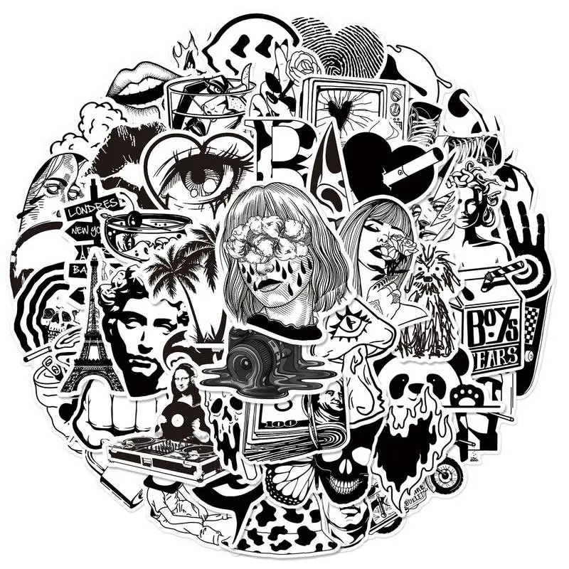 

Skateboard Stickers 50 Pieces Waterproof Guitar Stickers Black And White Art Style Laptop Phone Skateboard Decal For Teens Kids