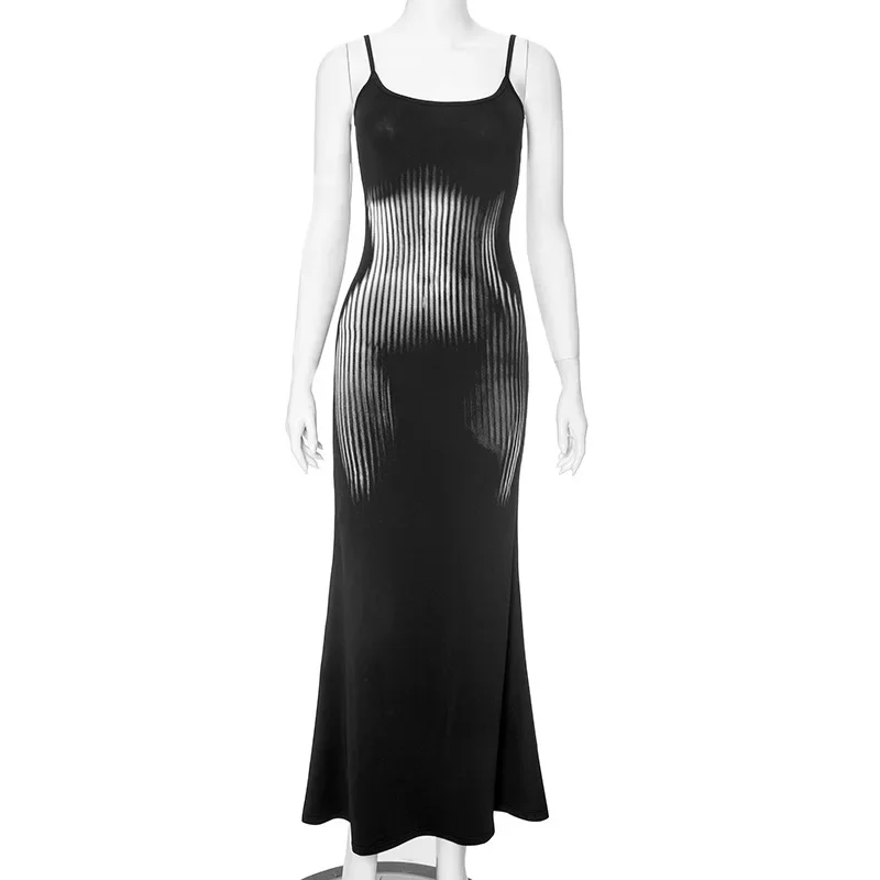 Spring and Summer New Black U-neck Women's Thin Shoulder Straps Bodycon Dress Sleeveless High Waist Hip Wrap Fishtail Long Dress