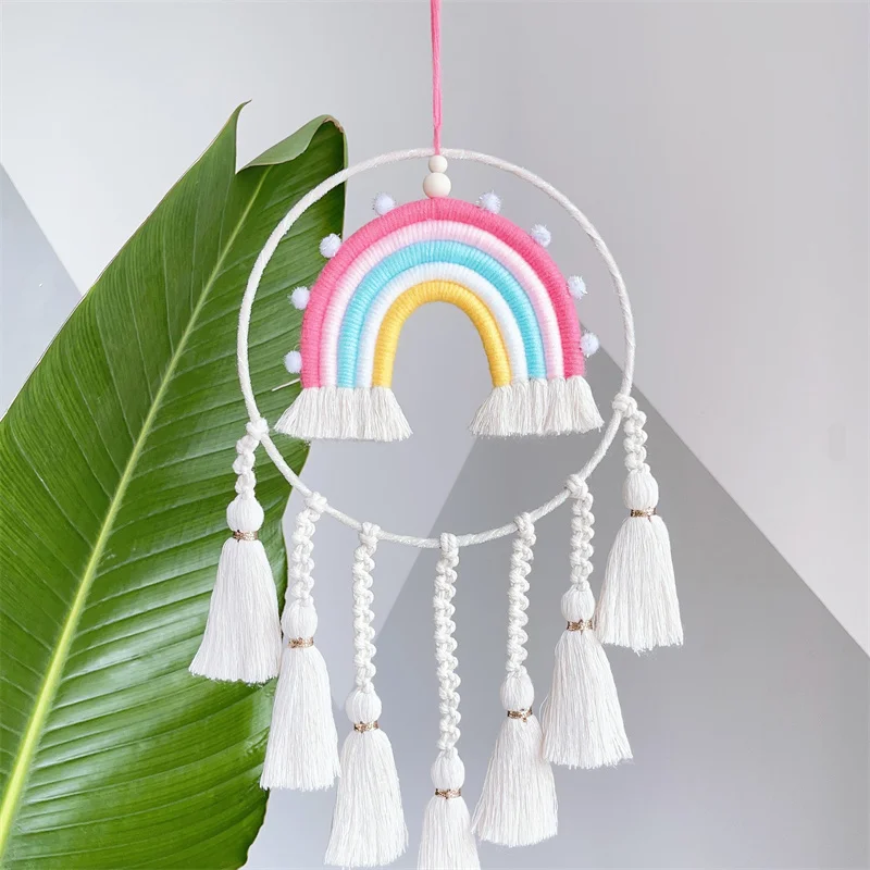 Boho Rainbow Macrame Nappa Ciondolo Arazzo Kid Room Decor Acchiappasogni Intrecciato A Mano Ornamento Arcobaleno Arcoiris Colgante Pared
