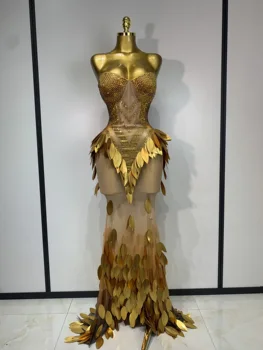 Women Sexy Strapless Mesh Maxi Long Dress Sparkly Gold Rhinestone Sequin Evening Party Gown Luxury Nightclub Birthday Prom Dress 1