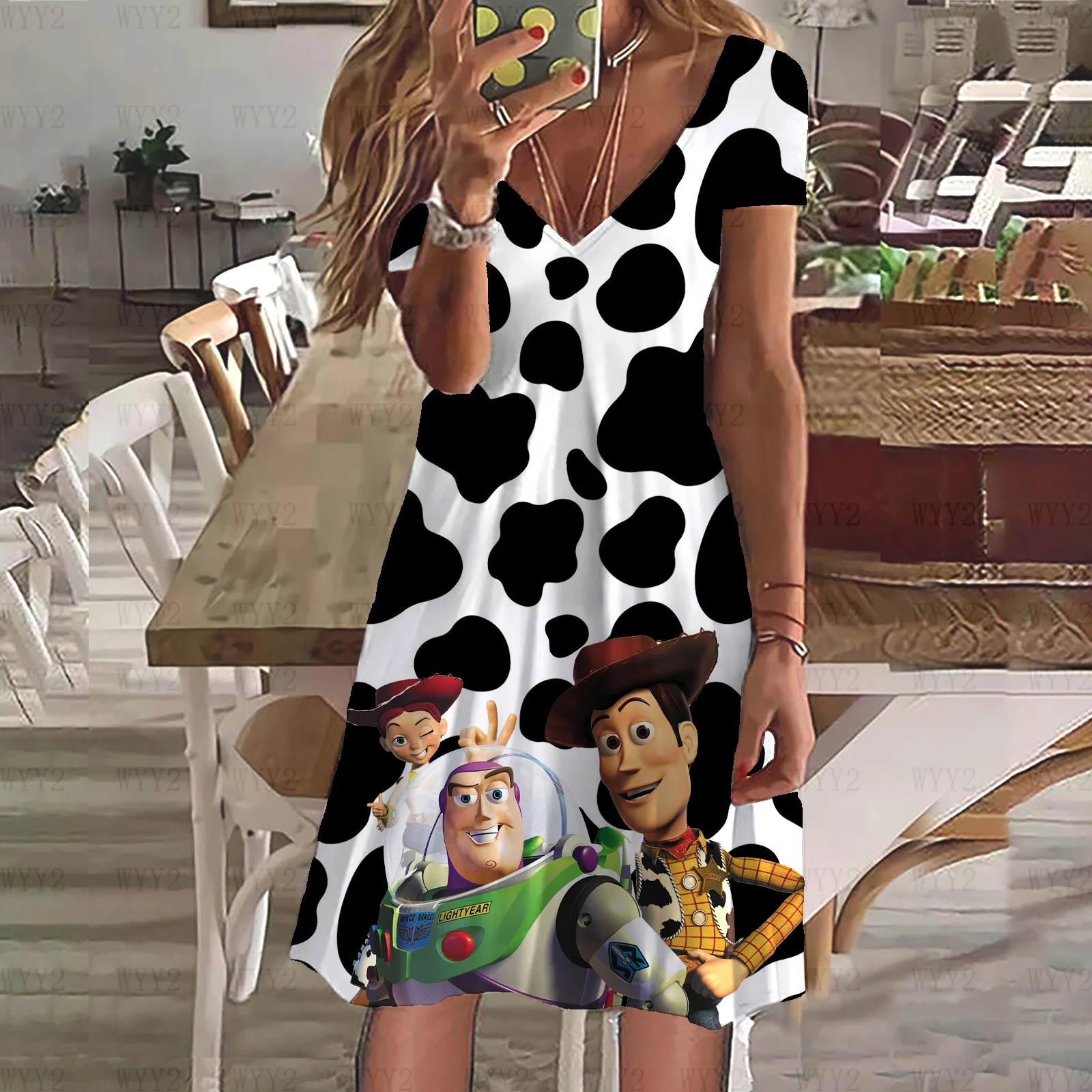 Ladies Clothing Casual Simple Dress Print Disney Toy Story Buzz Lightyear V Neck Short Sleeve Summer Ladies Plus Size Top Skirt 3