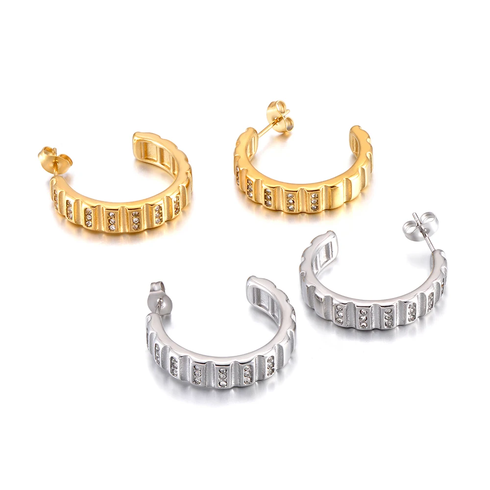JeeMango Trendy geometrischer Creolen-Ohrring aus Edelstahl mit eingelegtem Zirkon, runder Ohrring, Schmuck, Party-Geschenk für Frauen, Großhandel E26065 – Detail 3