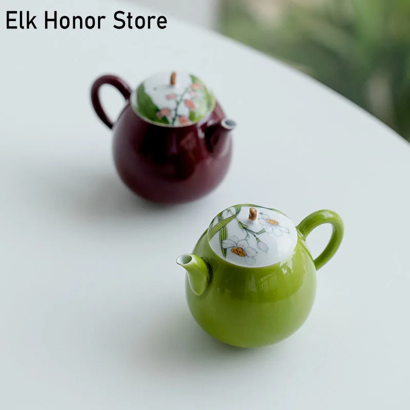 

150ml Boutique Bean Green Glaze Ceramic Teapot Pure Hand Painted Orchid Pan Pot Small Tea Kettle With Infuser Kung Fu Tea Set