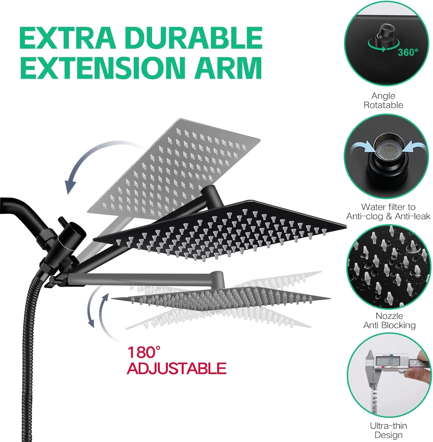 Hand-held spray combination and adjustable extension arm / 3-way flow regulator/shower system, high pressure rain hose 3