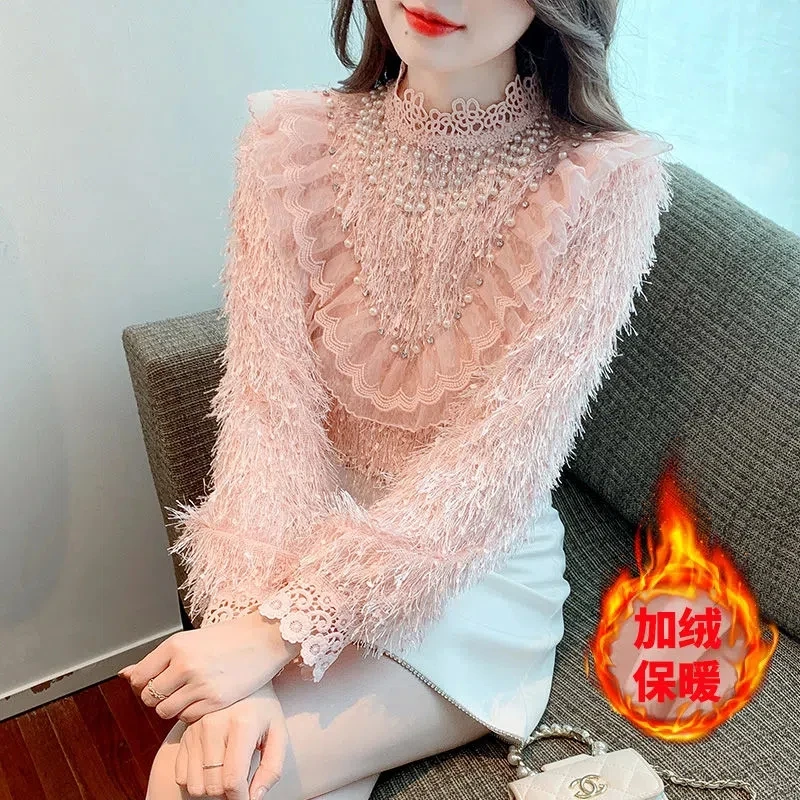 

2022 Autumn/Winter New Palace Style Beaded Diamond Lace Sweet Pink Cashmere Base Sweater