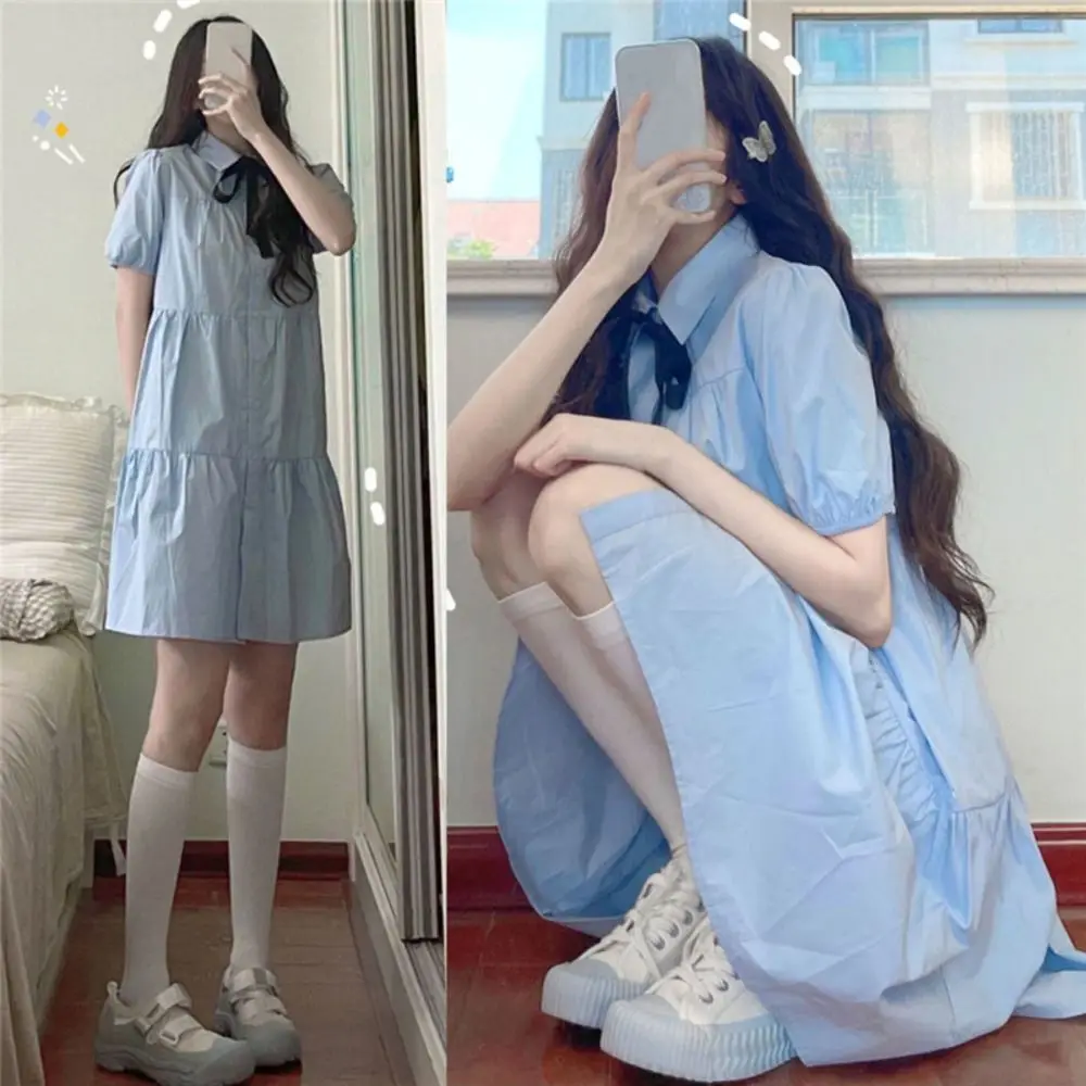 Bowknot Girl Princess Dress Preppy Style Loose Teenagers Shirt Dress Puff Short Sleeve Sweet Children Bubble Dresses Summer
