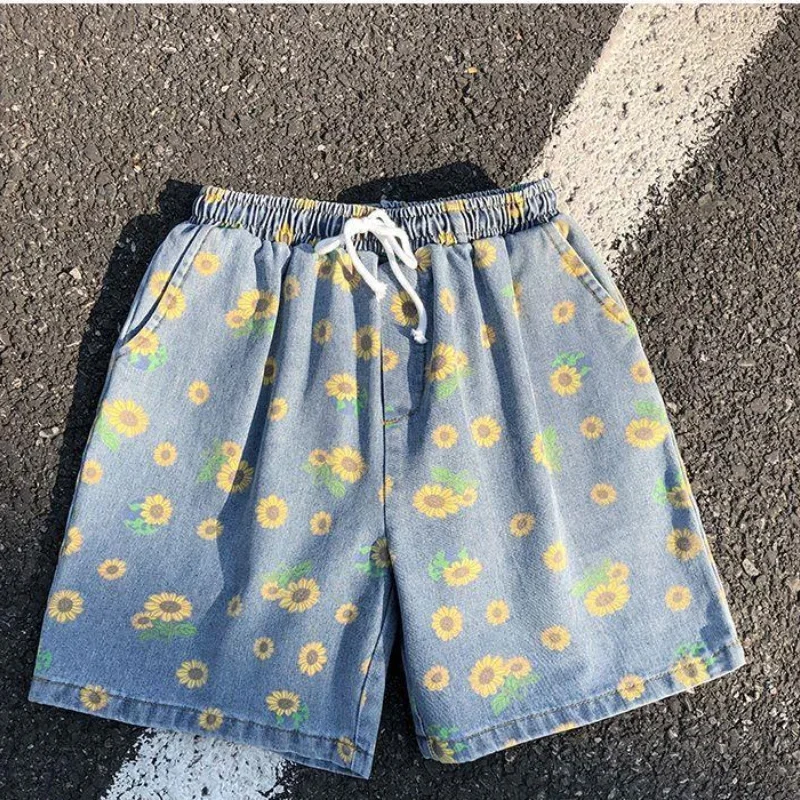 Daisy Denim Shorts Men's Summer High Street Capris Women Techwear Oversize Leisure Beach Pants Unisex Streetwear