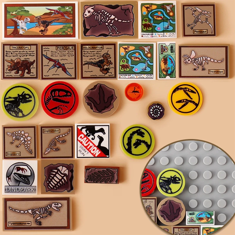MOC Jurassic Dinosaurier Gedruckt Fliesen Ägypten Wandbild Ägyptischen Stein Topf Relief Bausteine Park Tickets Ziegel Montieren Spielzeug – Detail 2