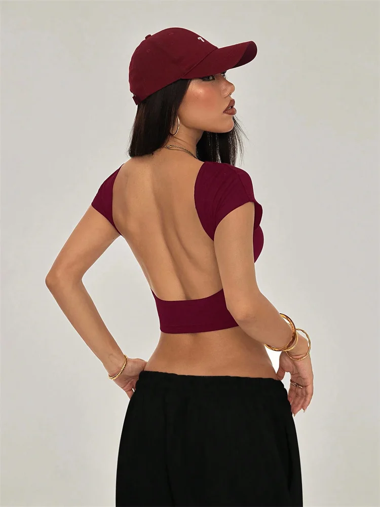 Sexy Backless Short Sleeve T Shirt Women Summer Grunge Y2K Clothes High Street Style Plain Black Crop Tee Top Streetwear 2024 2