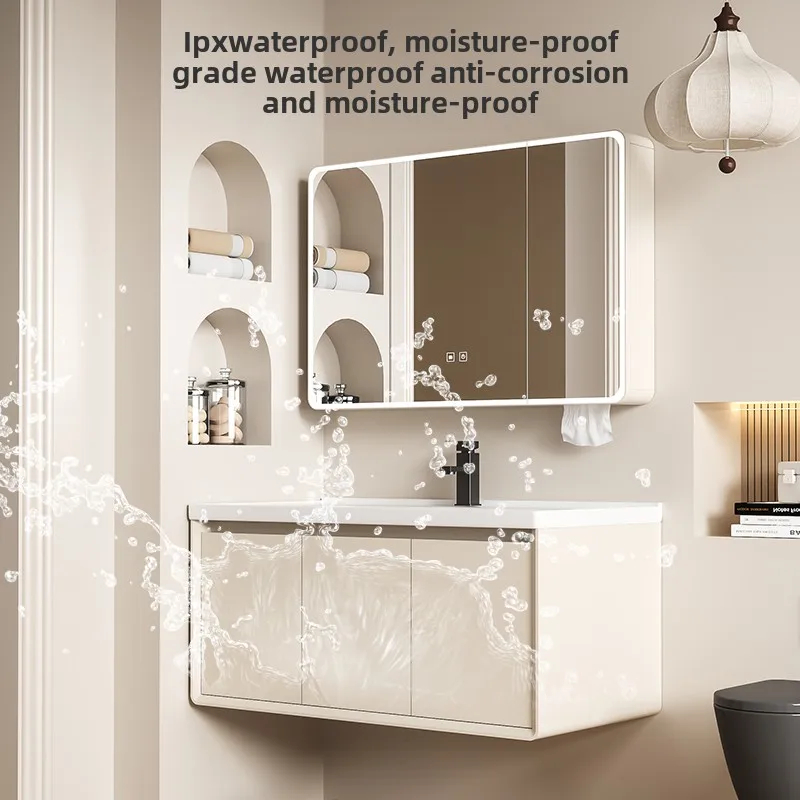 Cream Style Thickened Honeycomb Aluminum Rounded Corner Bathroom Cabinet Wash Basin Cabinet Combination Bathroom Vanities
