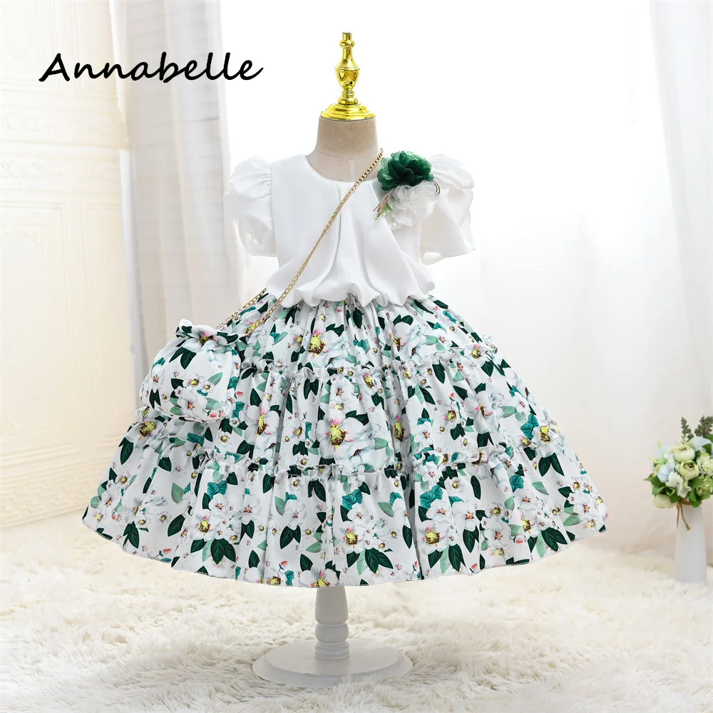 Annabelle Flower Girl'S Long Dress Puffy Flower Baby Wedding Cute Abito A Maniche Corte Abito Bianco Priness Girl Bow Dresses