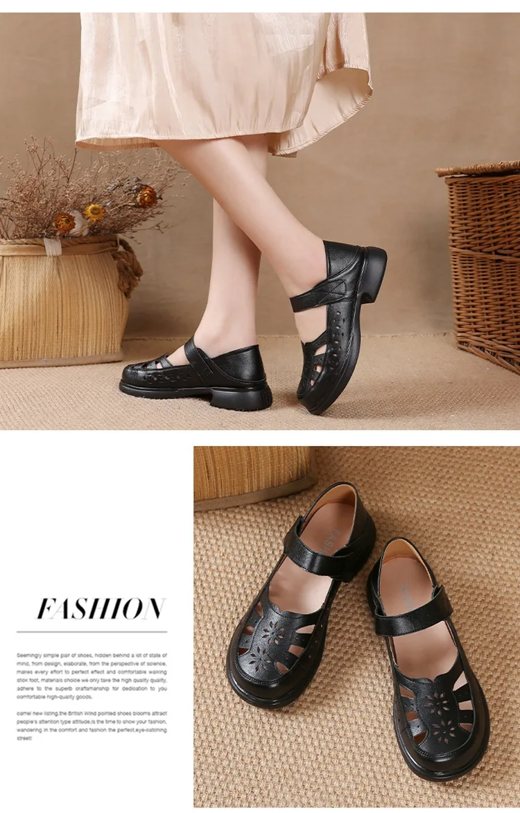 Sandalen Damen Löcher atmungsaktive Echt leder Schuhe Frau Gladiatoren Sommer Block Low Heels Mary Jane Mutter Sandalen Schuhe – Detail 17