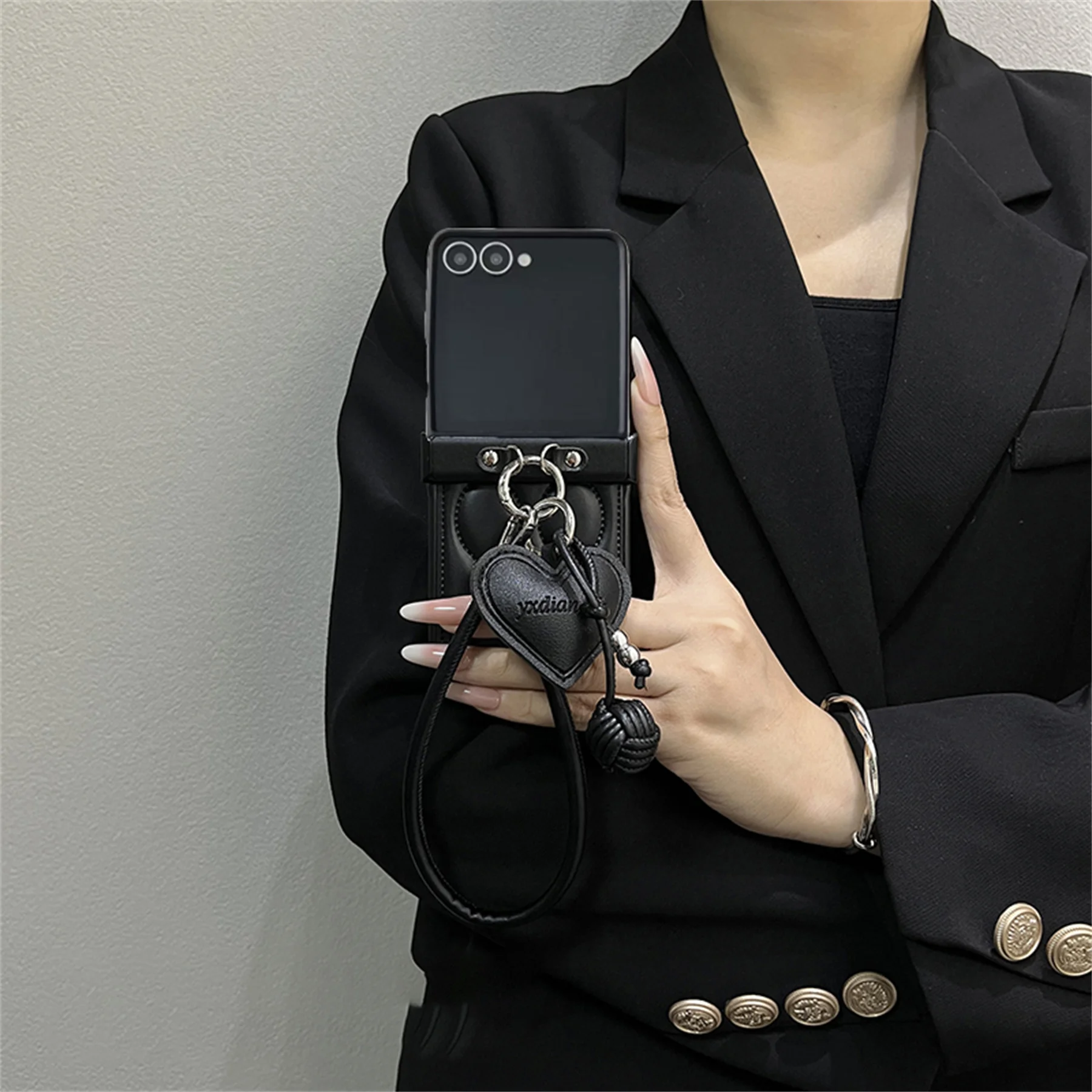Luxury Wave Black Phone Case with Love Pendant Leather Strap