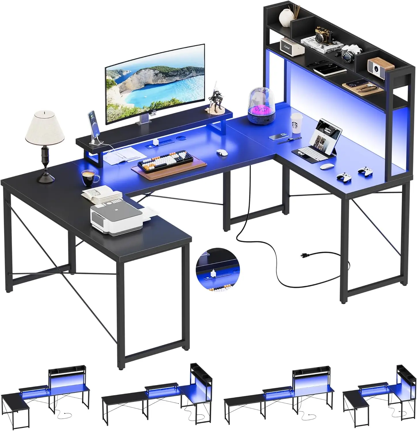 U Shaped Desk with Hutch, Reversible L Shaped Computer Desk with Power Outlets and LED Strip 2