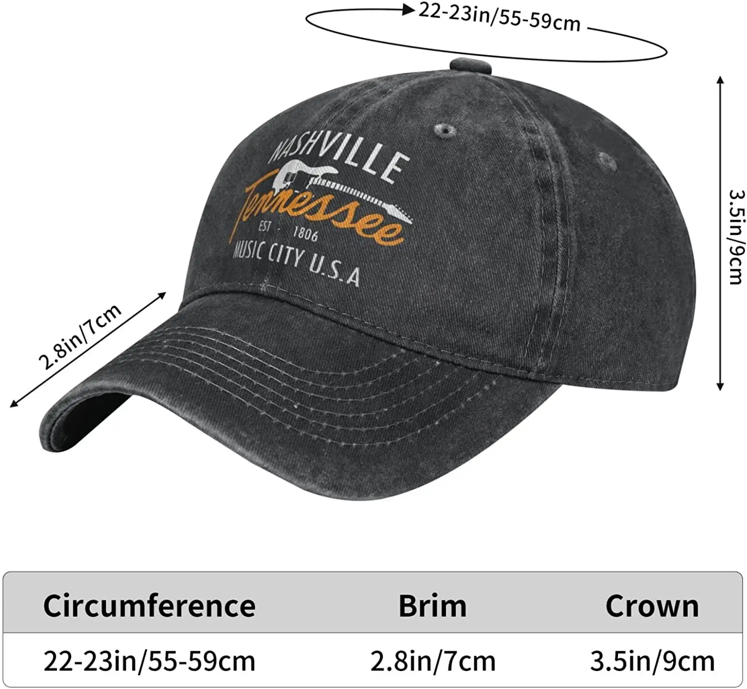 Guitar Nashville Music City Baseball Cap Unisex Adjustable Denim Hat Adult Four Seasons