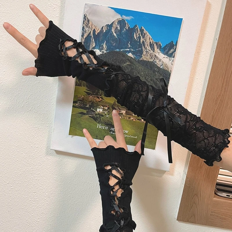 

Lolita Floral Lace Gloves Long Elbow Gloves for Costume Party Lace-up Arm Warmer for Comic Con Cosplay Photography Props