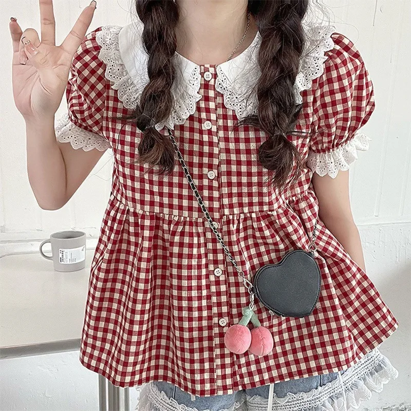 Red Plaid Blouse Women Kawaii Peter Pan Collar Lace Ruffle Shirt Japanese Girl Cute Puff Sleeve Vintage Tops Blusas