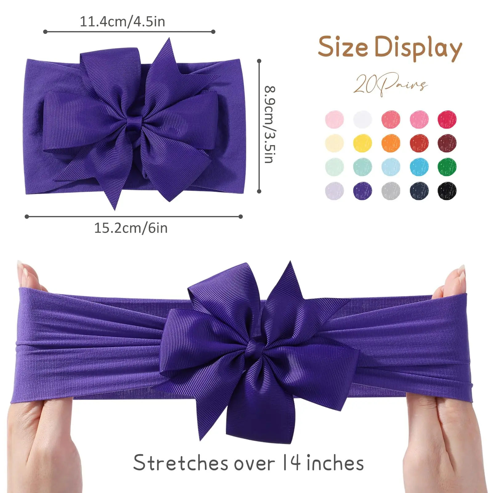 20개 랜덤 색상 대형 리본 보우 헤어밴드  소녀용 넓은 나일론 터번  보우노트..