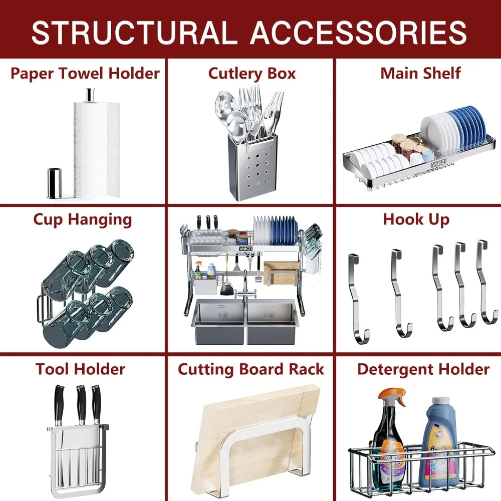 Over Sink Dish Drying Rack, 2 Tier Full Stainless Steel Storage Adjustable  Kitchen Rack, Multifunctional Expandable 6