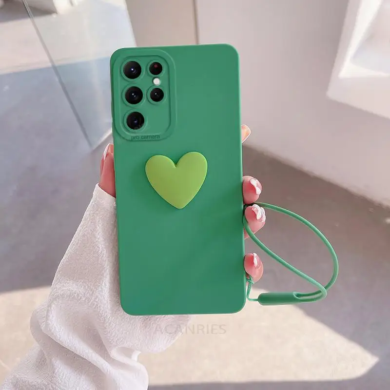Cute 3D Love Heart Silicone Phone Case with Lanyard Wrist Strap Cover