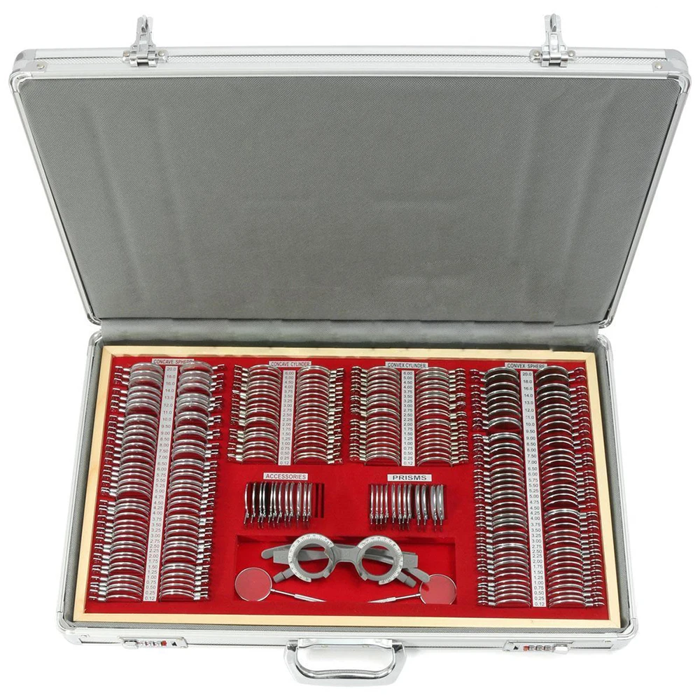 266Pcs Optical Trial Lens Set Optometry Kit Metal Rim Ophthalmic Lenses+Aluminum Case+Trial Frame+Cross Cylinders (266Pcs/Set)