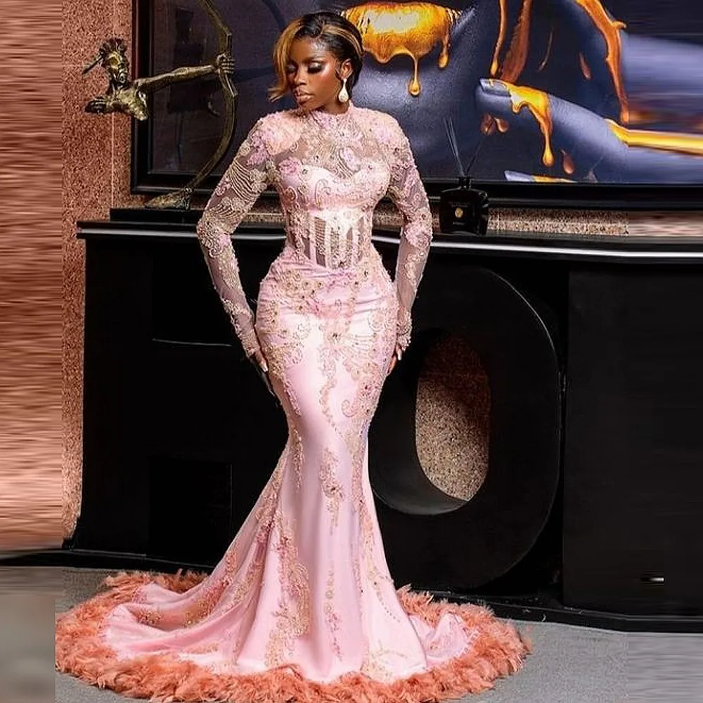 

Aso Ebi Mermaid Evening Dresses Feathers Bottom Lace Beads Exposed Boning Long Sleeves Prom Dreess Special Occasion Gowns