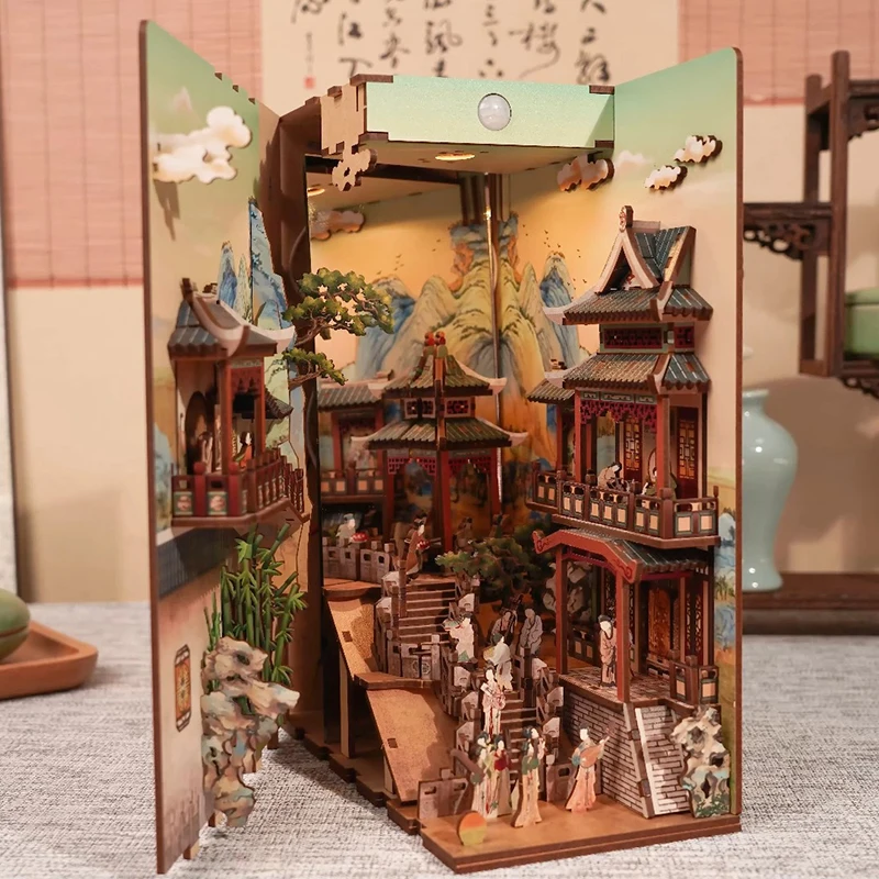

DIY Wooden Book Nook Shelf Insert Kits Miniature Ancient Street Alley Bookshelf Model Building Kit Bookend Toys for Friends Gift