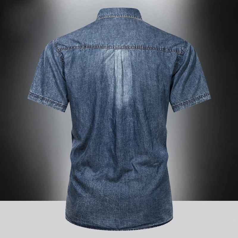 Denim shirt men pure cotton short sleeved American loose fitting workwear ice silk quick drying casual versatile