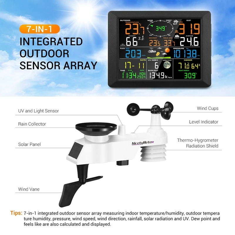 Solar Power Wireless Weather Station Temperature Humidity Meter Rainfall UV Index Wind Gauge WiFi Weather Forecast Internet Data