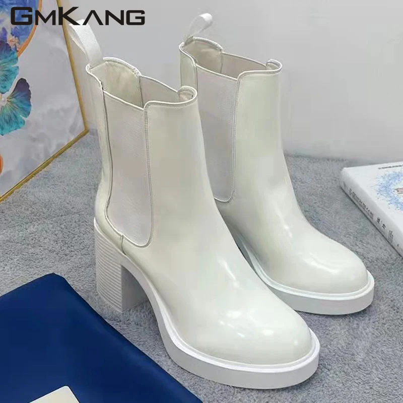 2023 New Chunky Heels Short Boots Woman Genuine Leather Round Toe Chelsea Boots Ladies High Heels Ankle Boots Women Booties