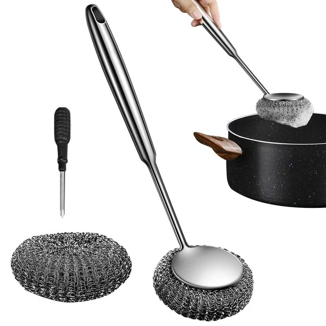 Stainless Steel Scrubber, Steel Wool Scrubber Pack of 3, Long Handle Pot  Scrubbers, Cookware Scrubber Brush for Kitchen Pots Skillets Pans,  Efficient