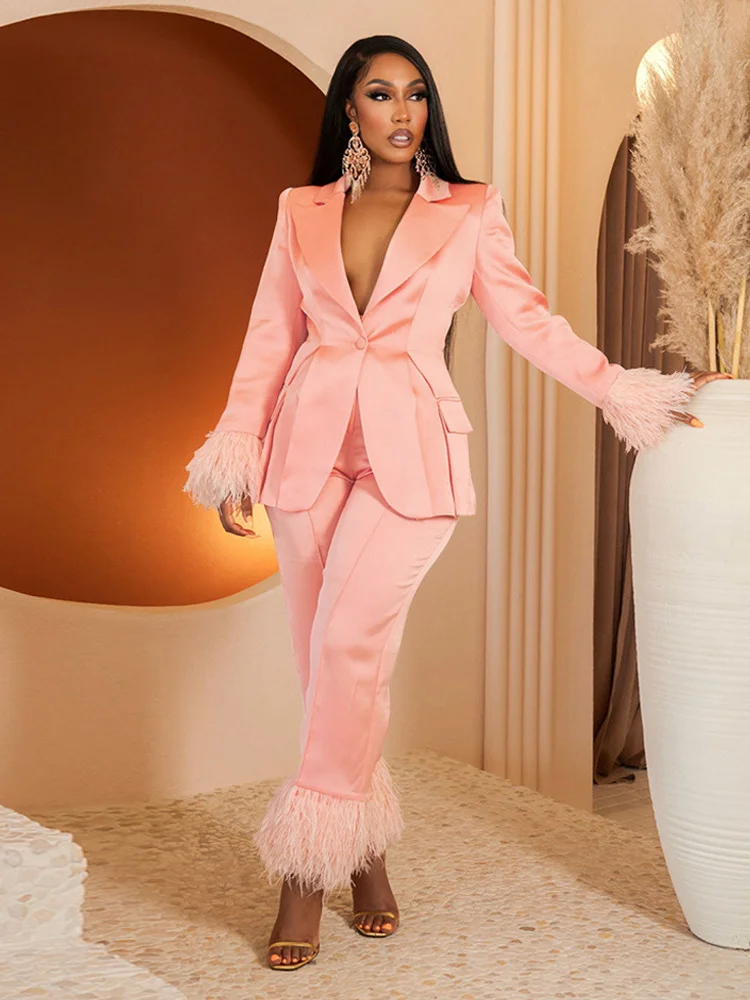 Wmstar Two Piece Set Women Turn Down Collar Feathers Patchwork Top and Pants Suit Matching Fall Clothes Wholesale Dropshpping